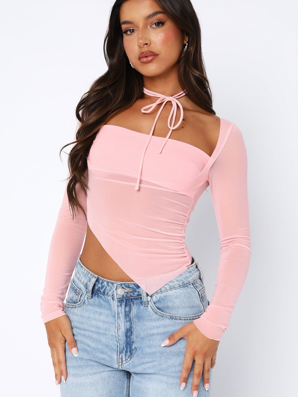 White Fox Boutique Pink Mesh Long Sleeve Top